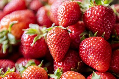 Erdbeeren - © Filip Filipovic / pixabay.com Frische, rote Erdbeeren mit grünen Blättern liegen dicht beieinander.