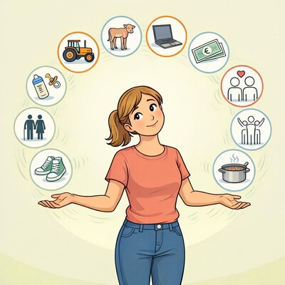 Frauen in der Landwirtschaft jonglieren täglich Vieles - © KI-generiert mit MS Copilot /media/media/651F013B-CE1F-2D8E-E043DD1E74B13D4F.jpg