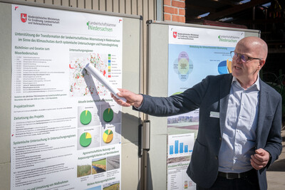 Projektkoordinator Uwe Schröder beim Auftakt für das Projekt zur klimaschonenden Moornutzung (MoWa) am 11.04.2022 auf dem Hof von Dirk Hanken im Ipweger Moor bei Elsfleth.