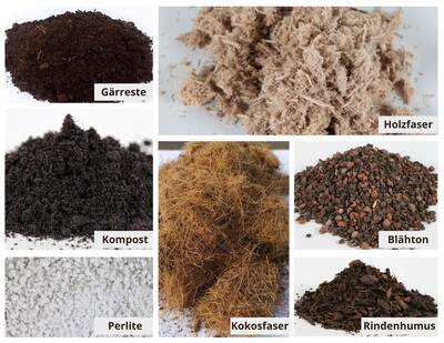 Collage Torfersatzstoffe - © Dr. Inga Binner Sieben verschiedene Substrate: Gärreste, Holzfaser, Kompost, Blähton, Perlite, Kokosfaser, Rindenhumus.