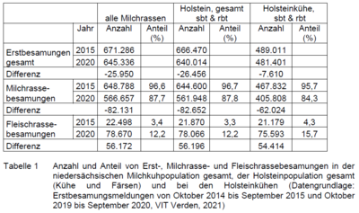 Anzahl und Anteil von Erst-, Milchrasse- und Fleischrassebesamungen