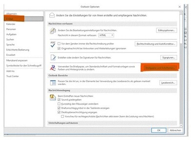 Datei – Optionen – E-Mail – Briefpapier und Schriftarten