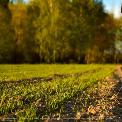 Close-up of a farmer's feet in rubber boots walking down a farmer field dust rising from shoes. Low angle. One part is sown, the second part is not sown.