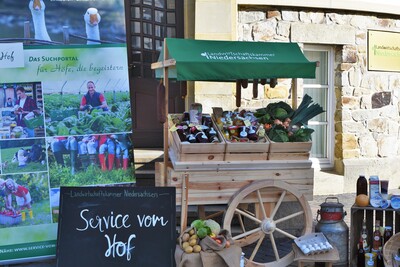 Werbung für Service vom Hof mit Marktstand