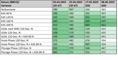 Tabelle einzelner Blattchlorophyllgehalte von Winterroggen