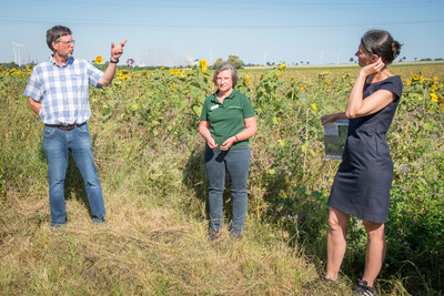 Landwirt Matthias Johns, LWK-Biodiversitätsberaterin Martina Diehl und Agrarministerin Miriam Staudte (v.l.) auf einer Fläche speziell für den Rebhuhnschutz bei Wolfenbüttel-Leinde.