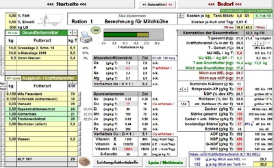 Berechnungsblatt Milchviehration im Rationsplaner Emsland